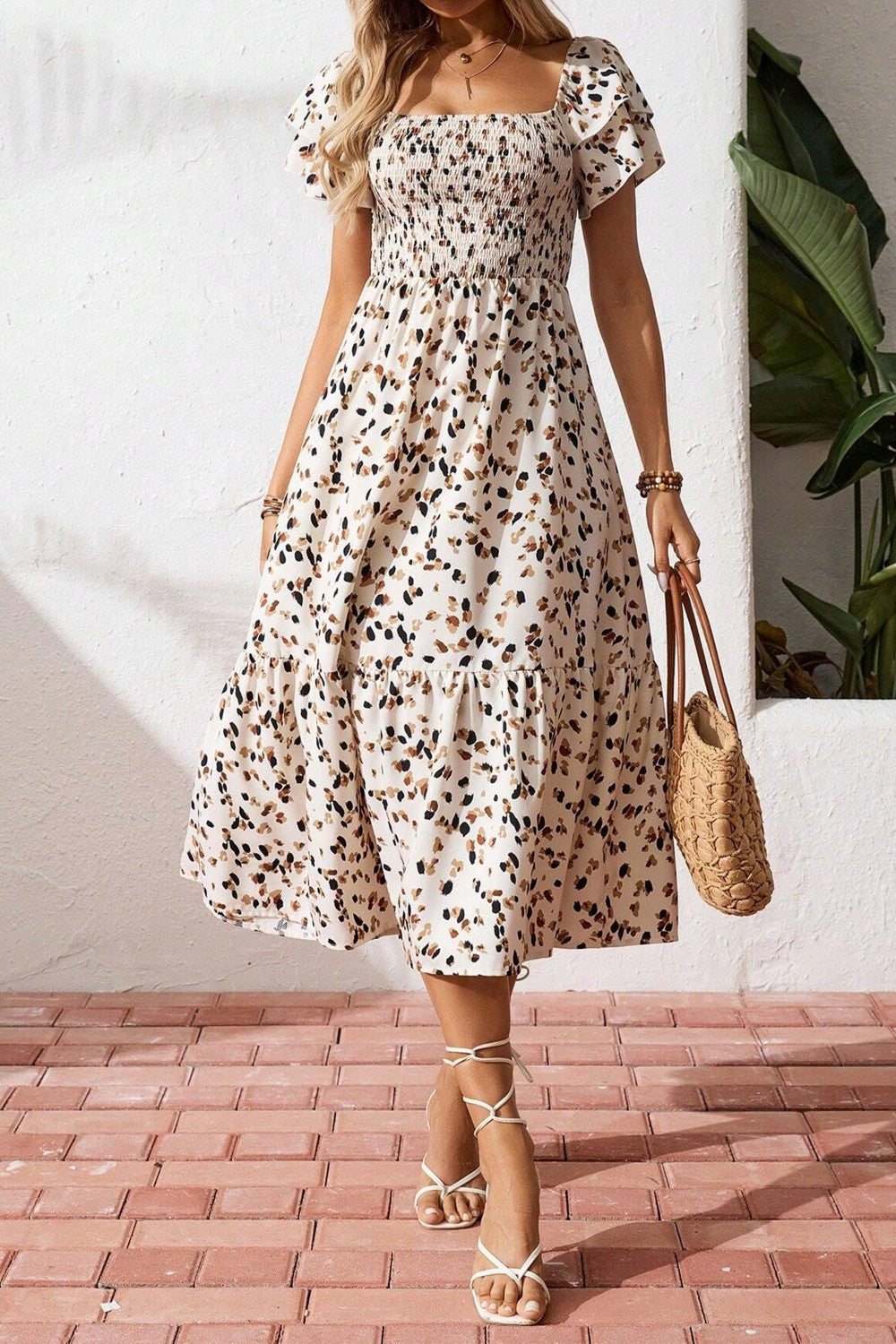 Square-Neck Ruffle-Sleeve Midi Dress