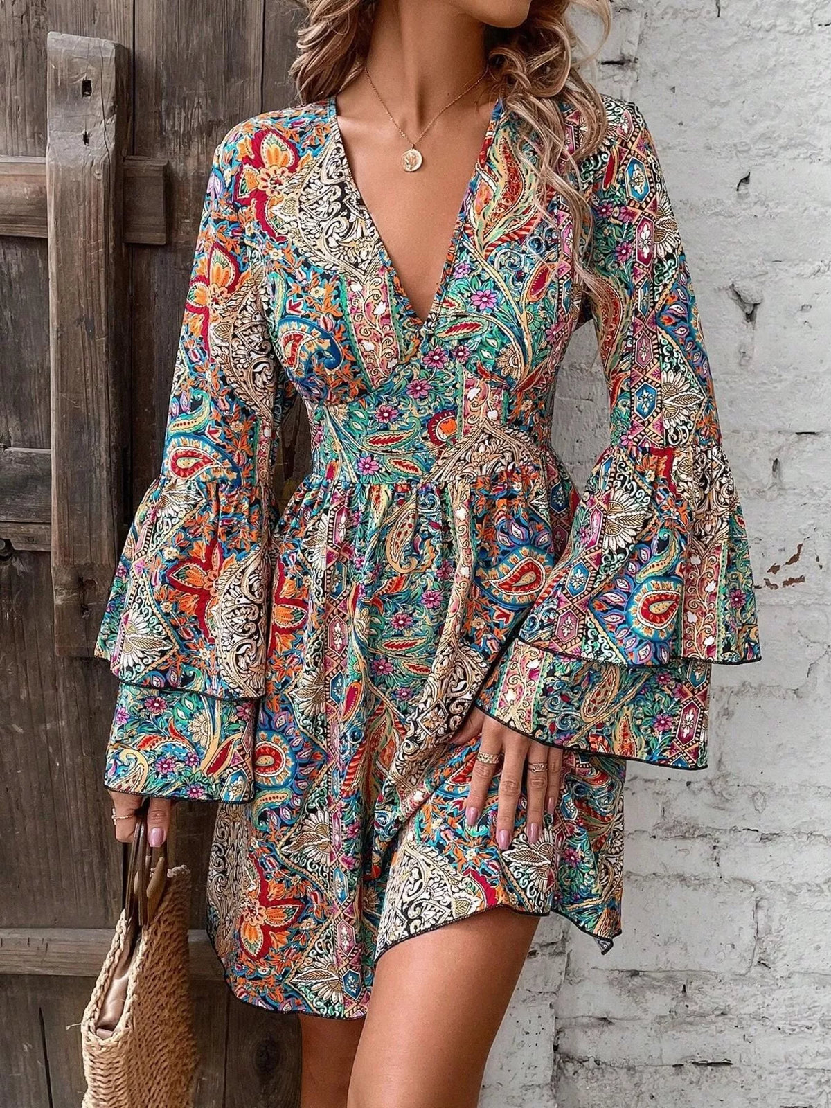 Women's Paisley V-Neck Bell-Sleeve Mini Dress