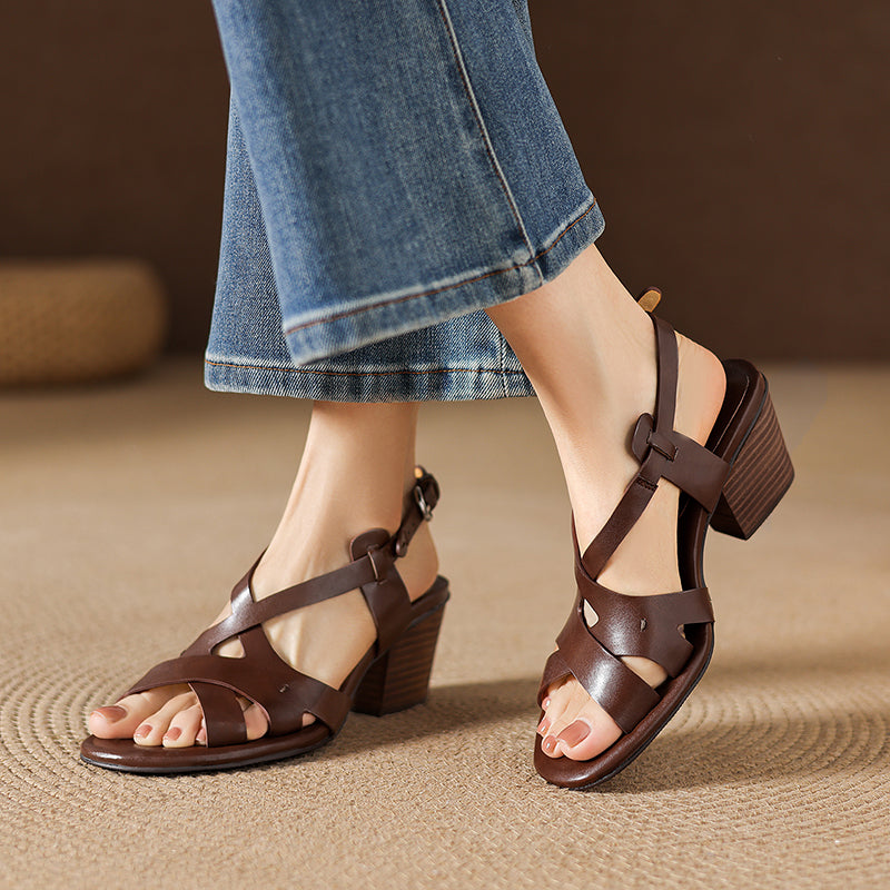 Women's Block-Heel Cross-Strap Sandals | Full-Grain Cowhide Leather Heeled Sandals