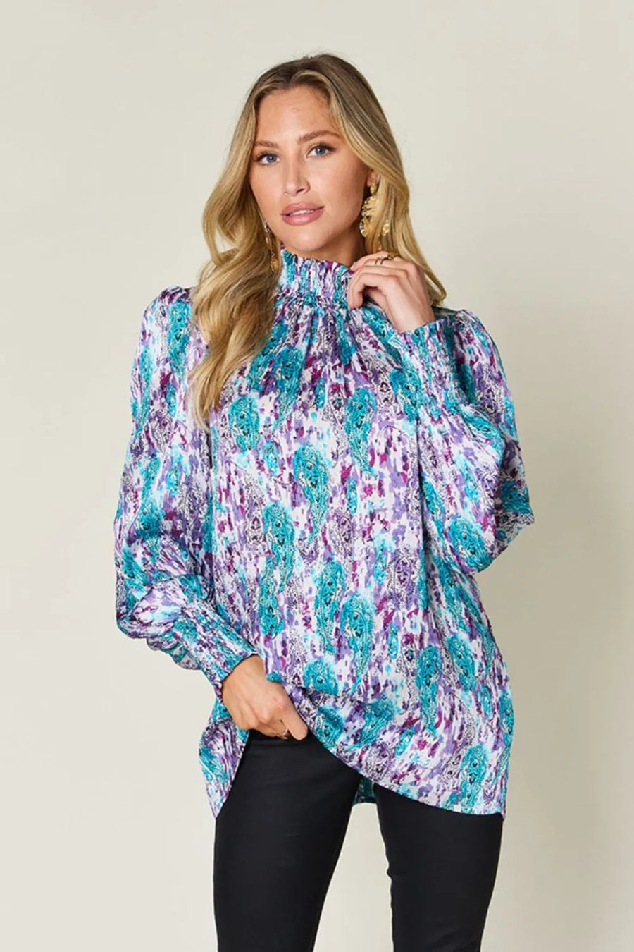 Printed Smocked Long-Sleeve Blouse — Full Size