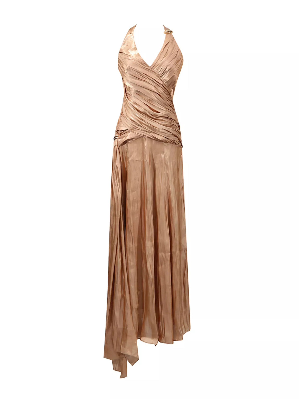 Champagne Ruched Halter-Neck Maxi Dress