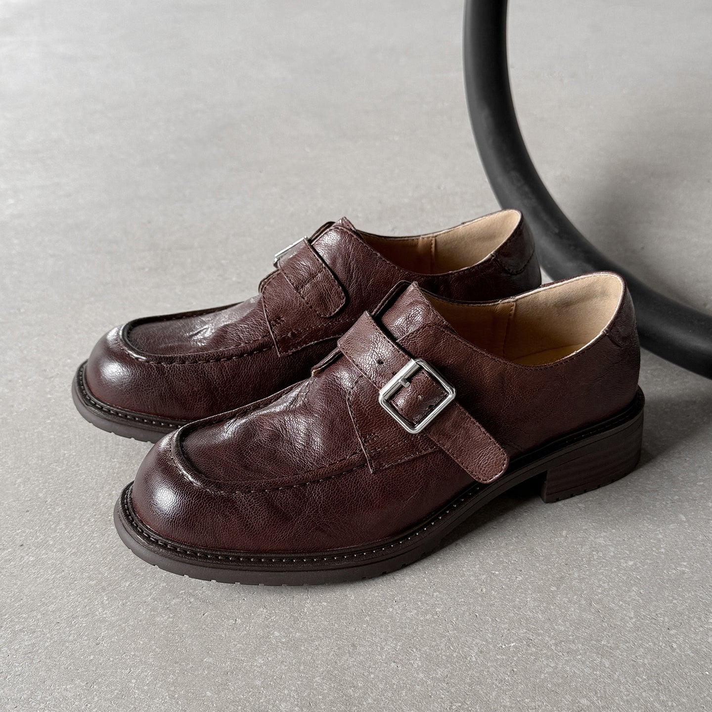 Women's Washed Leather Monk Strap Loafers | Handmade Buckle Low Block Heel Shoes