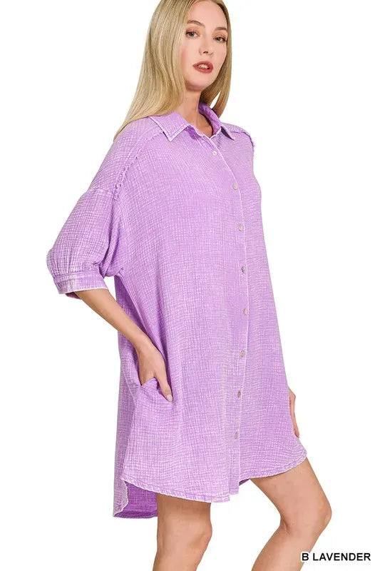 Another view: Washed Double Gauze Button Down Shirt Dress — B LAVENDER