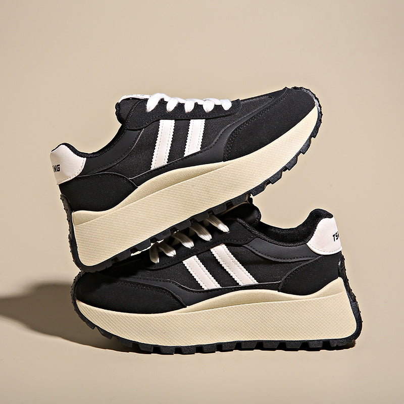 Women's Height-Boosting Lace-Up Sneakers – Synthetic PU Upper, Mesh Lining, Round Toe