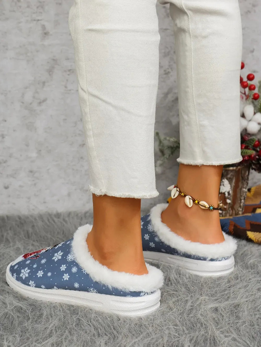 Snowman Print Faux Fur Flat Slippers — photo 5
