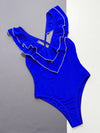 Royal-blue ruffled crisscross-back one-piece swimsuit