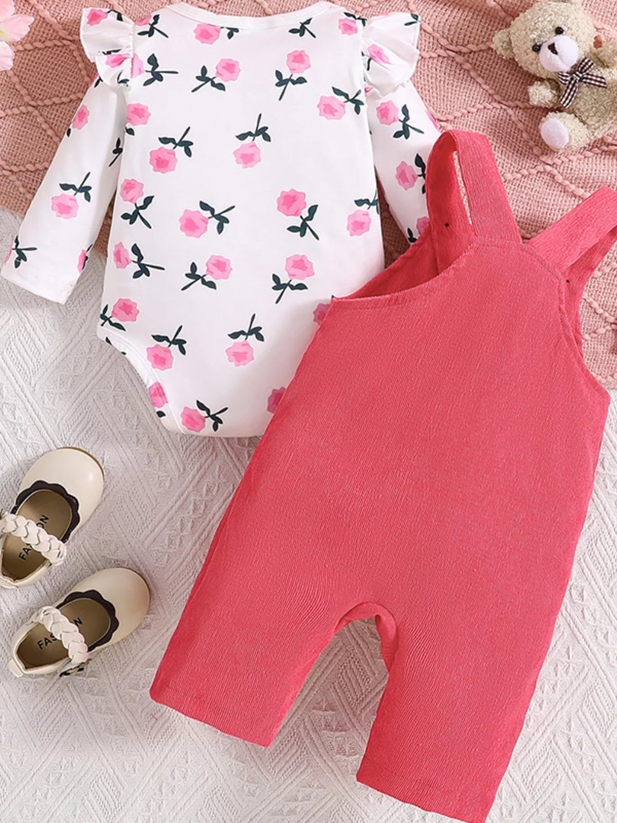 Bluebird Lane Floral Print Ruffle-Trim Bodysuit & Bear Applique Overalls Set