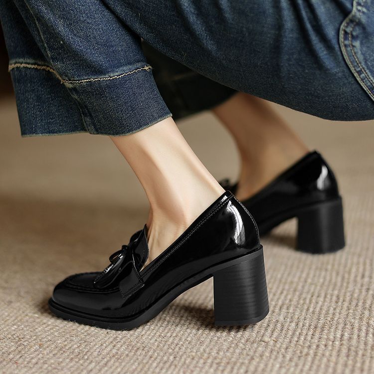 Women's Bow-Tie Chunky Heel Leather Pumps – Round Toe Mid-Cut Block Heel Shoes