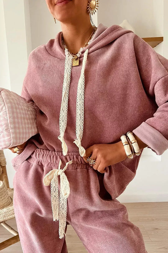 Another view: Lace Detail Dropped Shoulder Hoodie & Pants Set — Dusty Pink