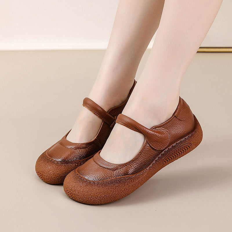 Women's Retro Flat Round-Toe Velcro Shoes – Genuine Leather | Black, Brown, Khaki