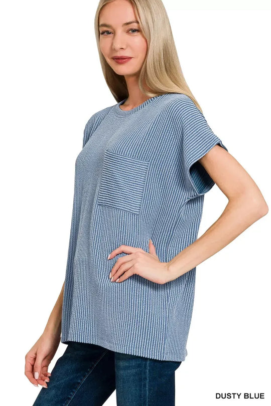 Another view: Raised Rib Front Pocket Boxy Top — DUSTY BLUE