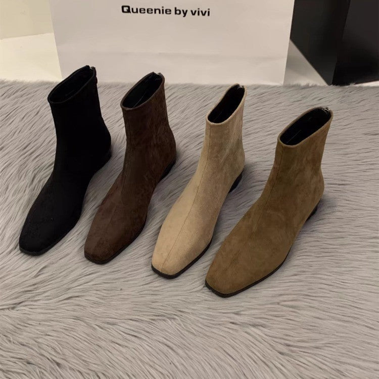 Women's Chunky Heel Suede Fleece-Lined Square Toe Ankle Boots – Back Zipper Winter Boots