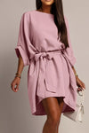 Dusty pink batwing-sleeve mini dress with self-tie waist.