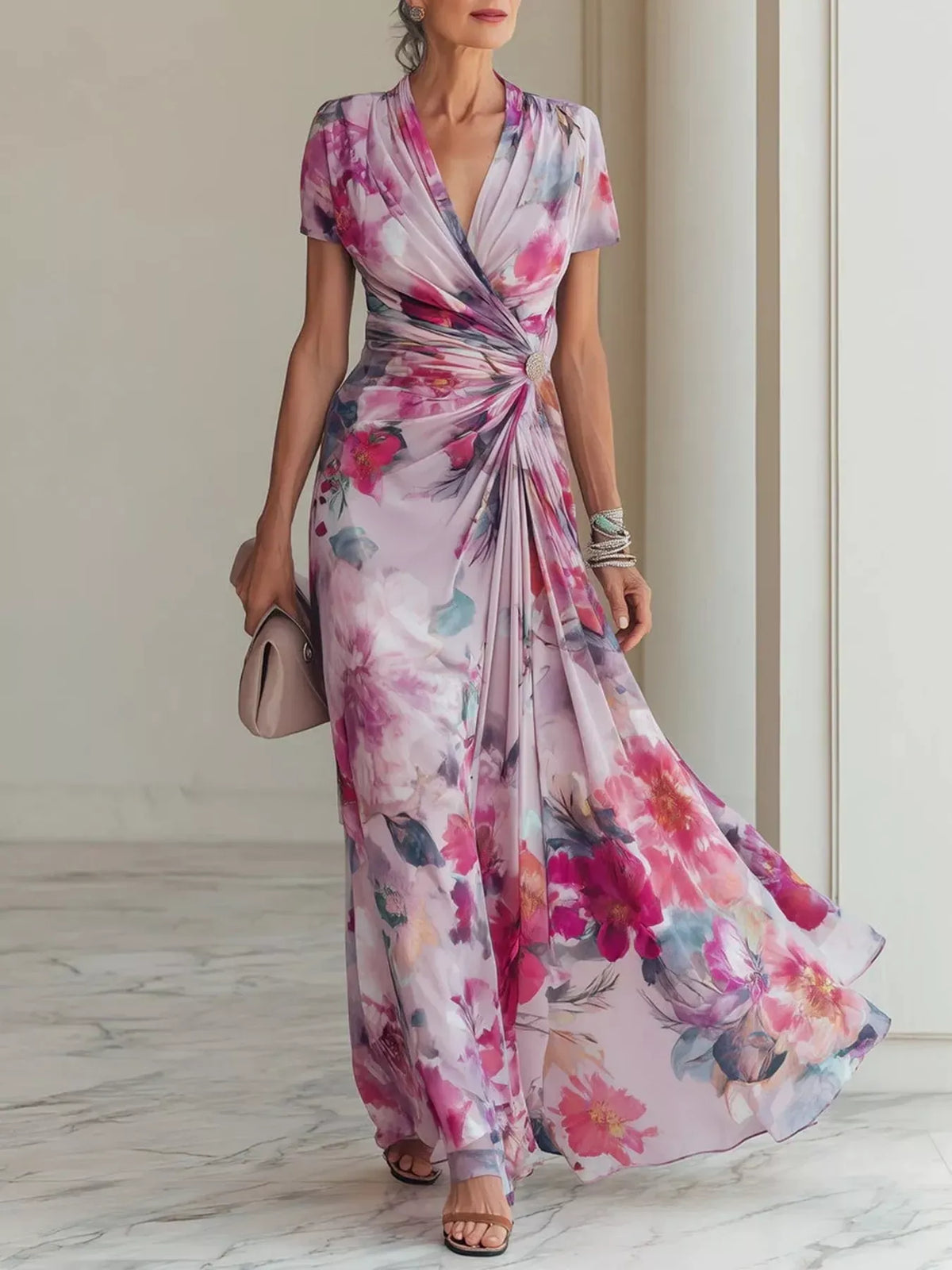 Floral Ruched Short-Sleeve Maxi Dress — photo 1