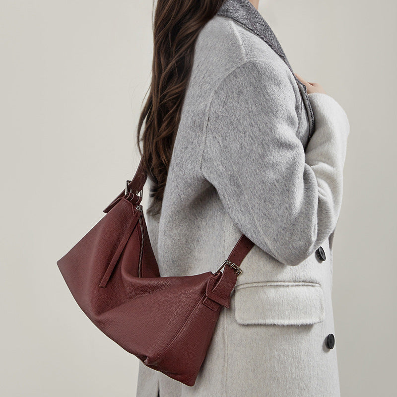 Vegetable-Tanned Genuine Leather Hobo Bag - Belt-Attachable Crossbody Shoulder Bag
