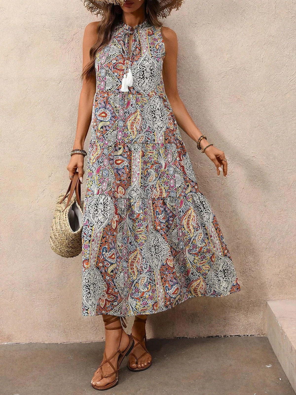 Solene Paisley Print Tie Neck Sleeveless Midi Dress