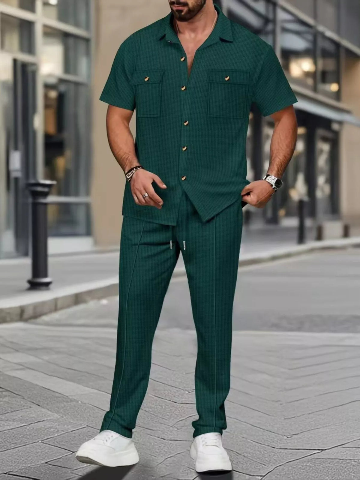 Men's Full Size Casual Short Sleeve Shirt and Pants Set Plus Size