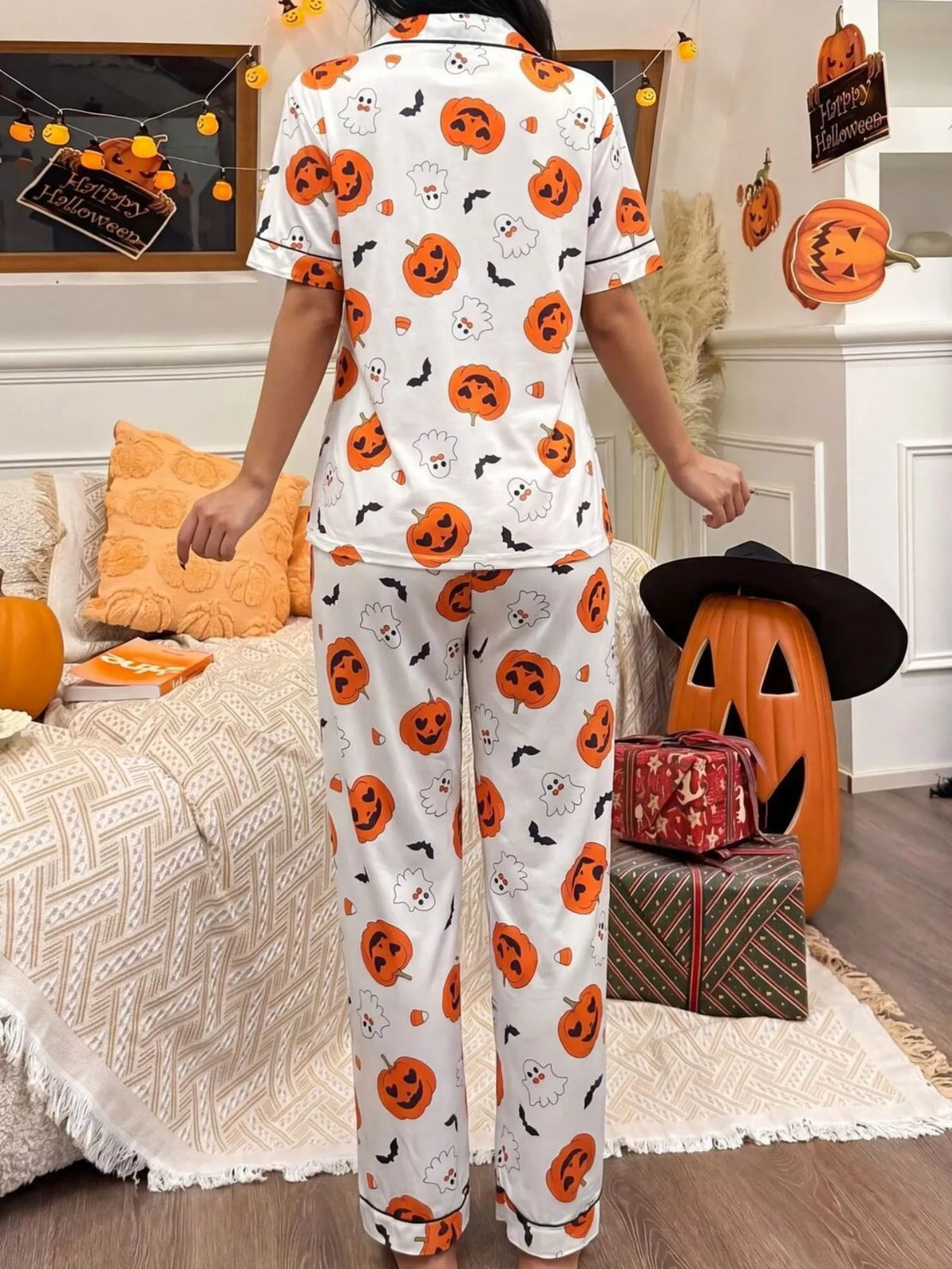 Pumpkin Print Button-Down Lounge Set