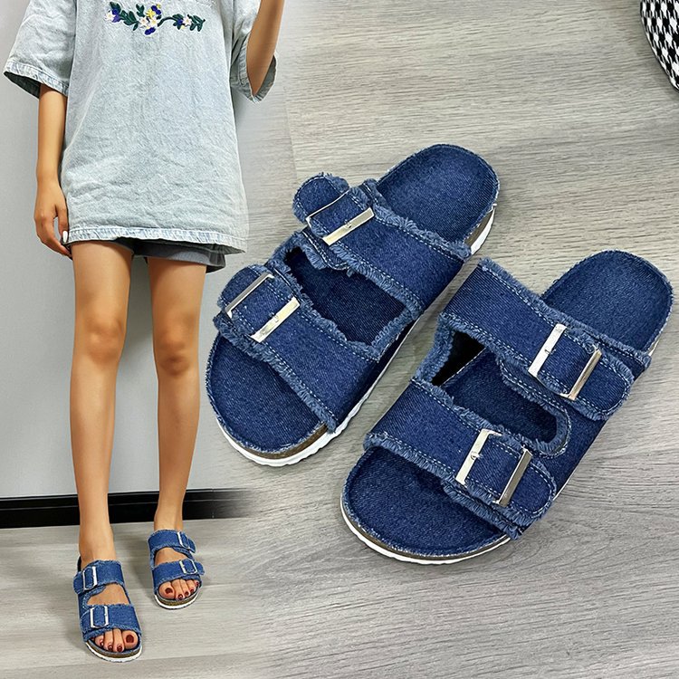 Women's Outdoor Belt-Buckle Flat Slide Sandals – Casual Denim Beach Sandals