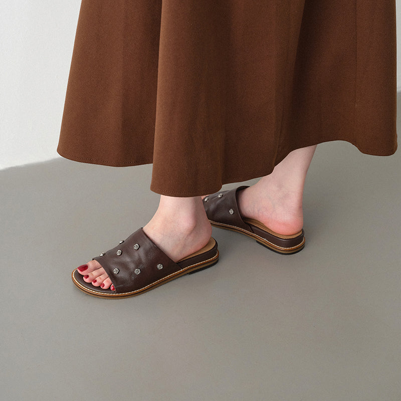 Women's Studded Leather Slide Sandals | Open Toe Flat Mules