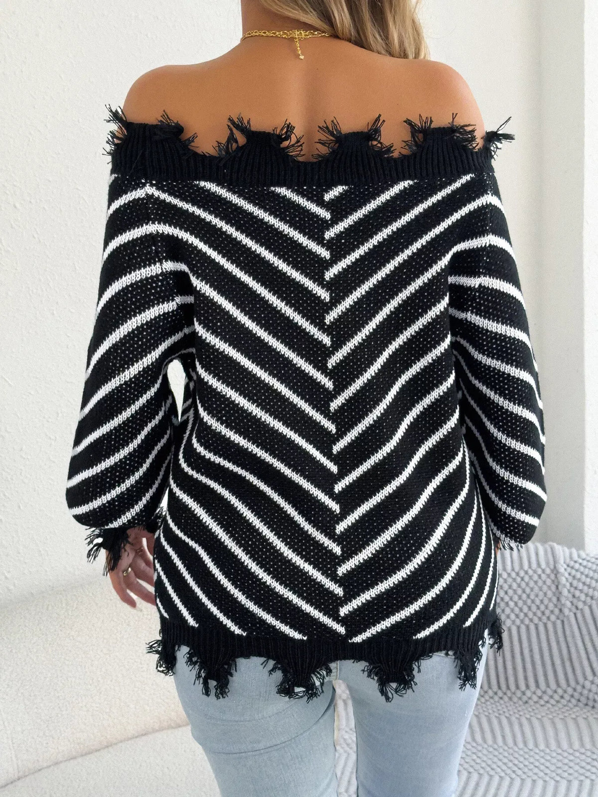 Women's Distressed Off-Shoulder Striped Sweater — photo 6