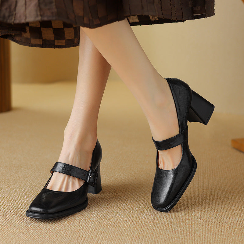 Women's Sheepskin Mary Jane Heels – Chunky Heel Buckle Strap Square Toe Shoes