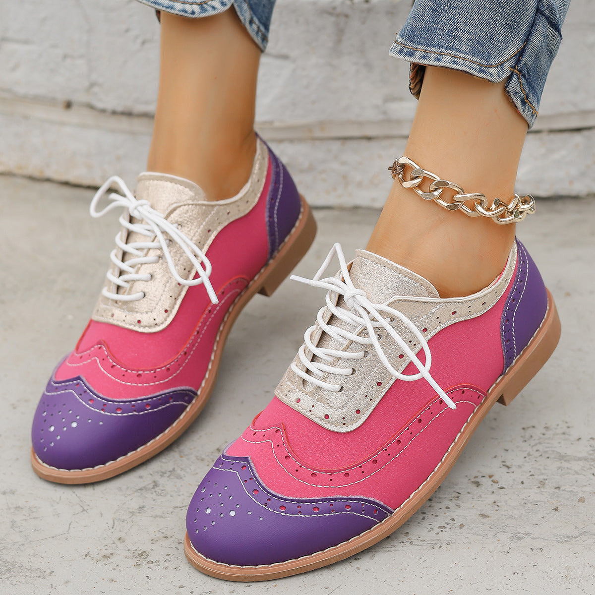 Women's Color-Block Lace-Up Flats Round Toe Casual Shoes – Plus Sizes