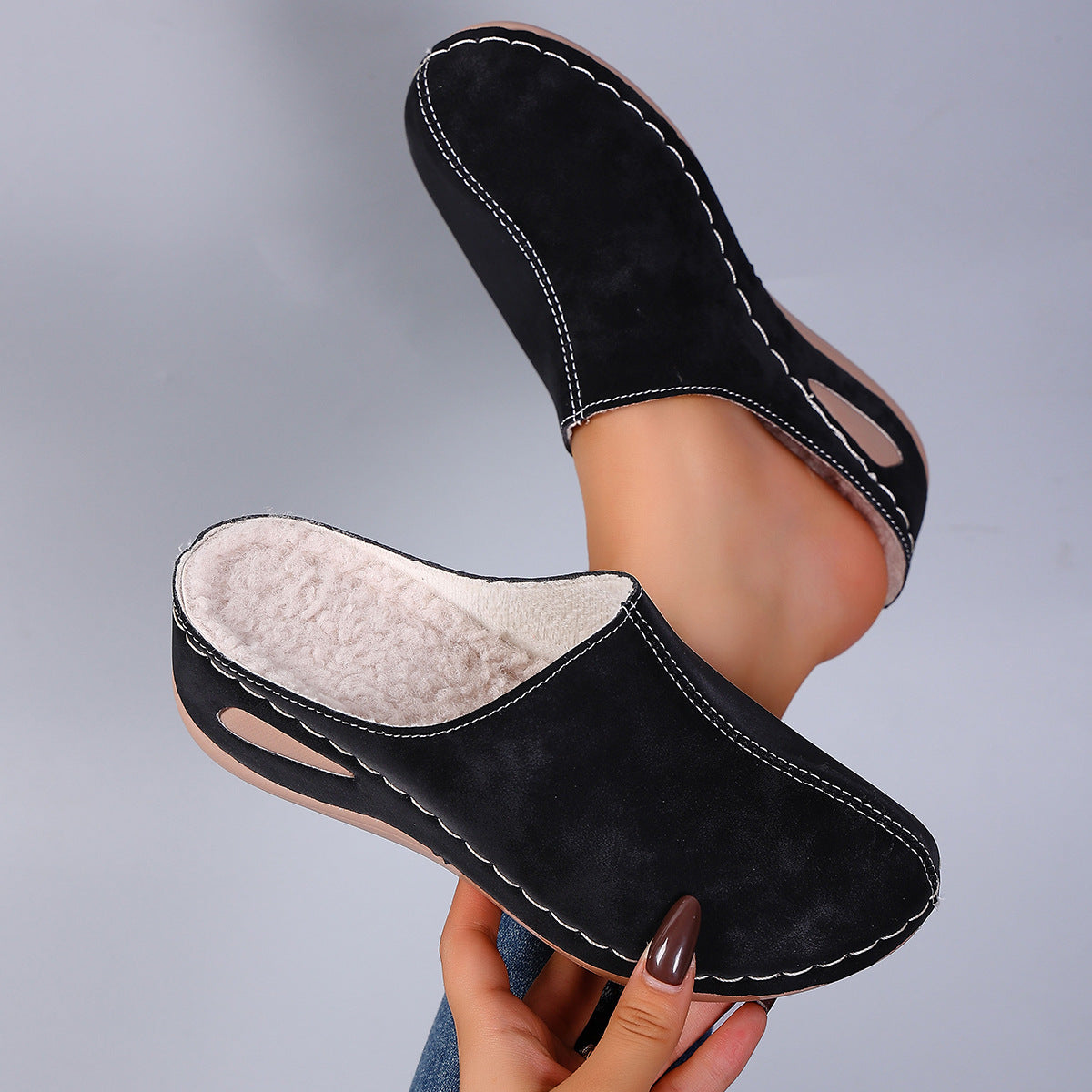 Plus-Size Fleece-Lined Wedge Slippers