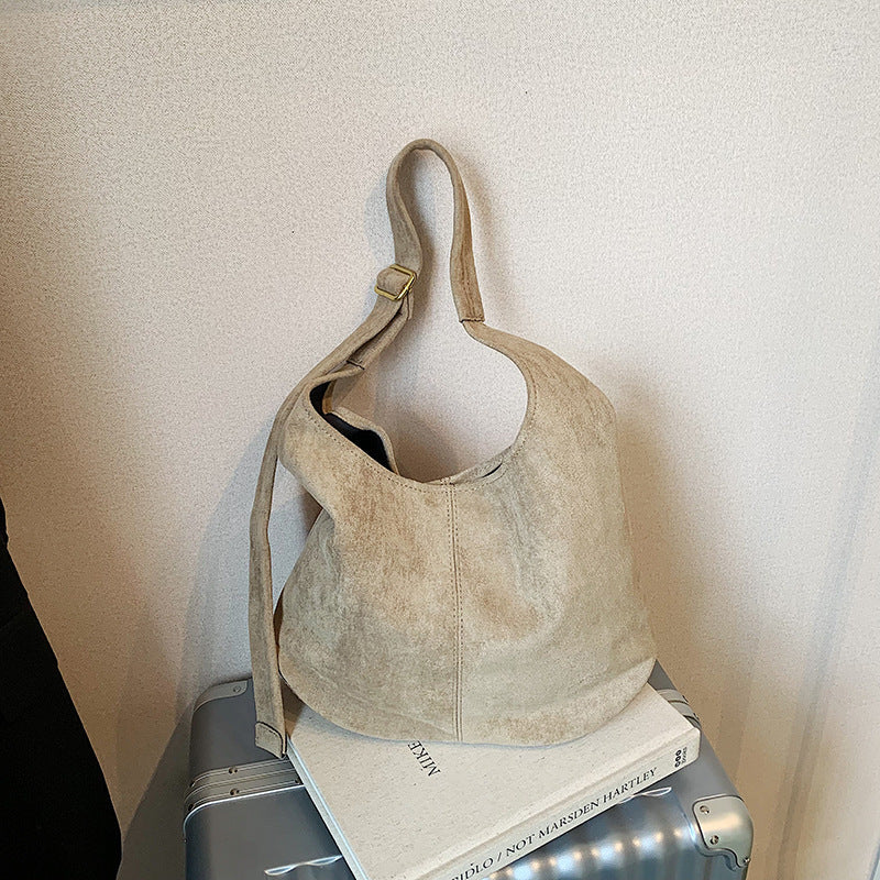 Women's Suede-Texture Bucket Shoulder Bag – Large Capacity Underarm Handbag