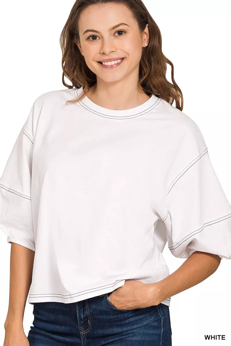 Balloon Sleeve Top with Contrast Stitching — White