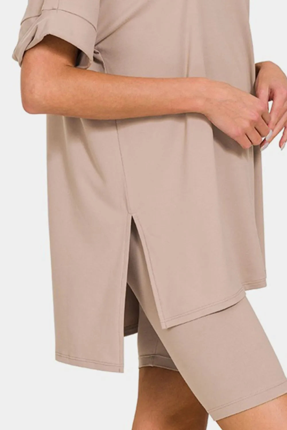 Curve V-Neck Short Sleeve Slit T-Shirt and Shorts Set