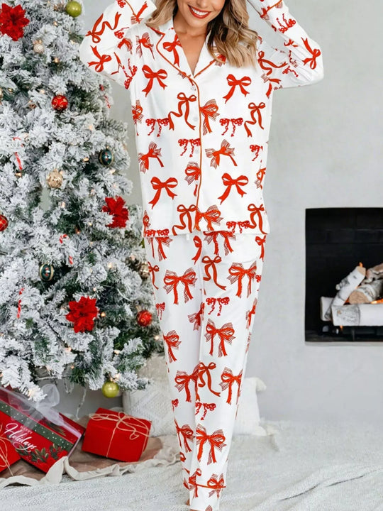 Another view: Christmas Bow Button-Up Pajama Set — Red