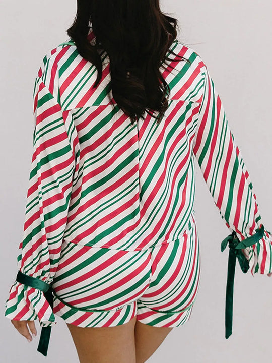 Another view: Stripe Contrast Velvet Ribbon Knot Christmas 2pcs Pajama Set