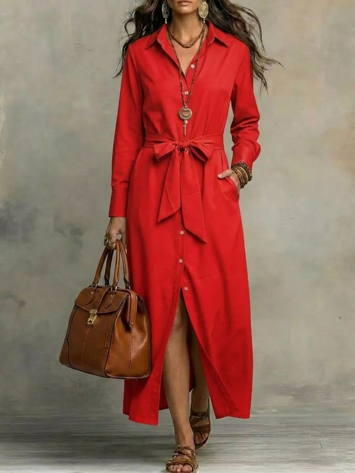 Tie-Waist Long-Sleeve Shirt Dress