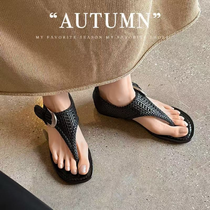 Women's Handwoven Cowhide Thong Sandals | Full-Grain Leather Ankle Buckle Flat Shoes