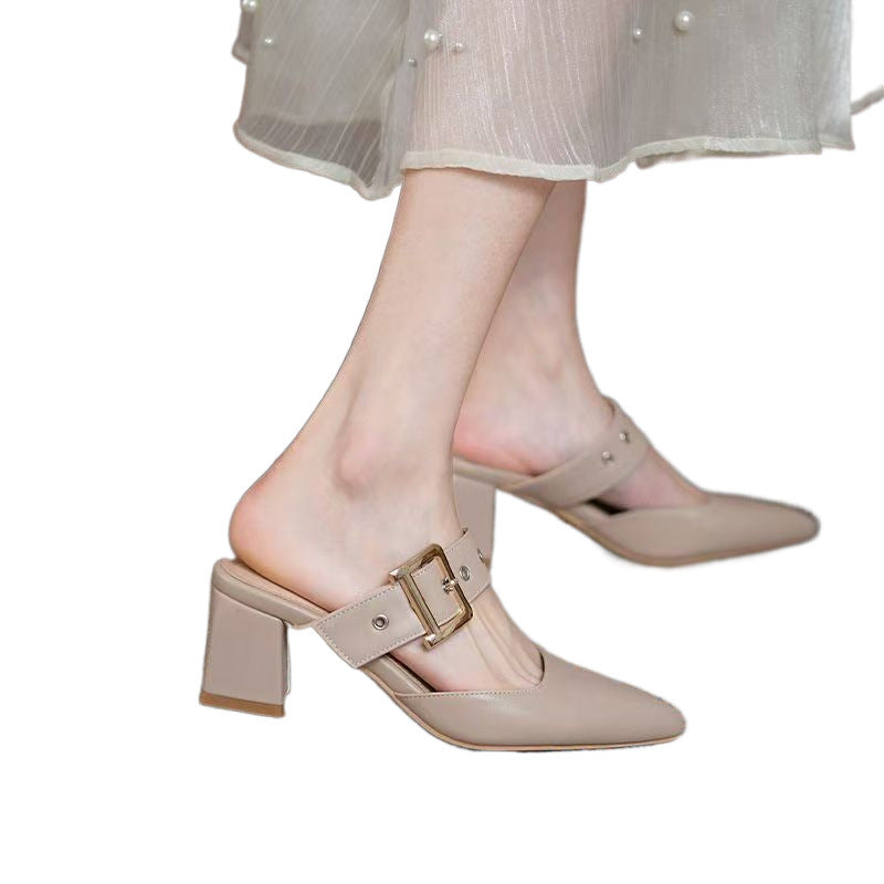 Women's Korean-Style Pointed Toe Chunky Heel Slippers | Microfiber Leather Slip-On Shoes
