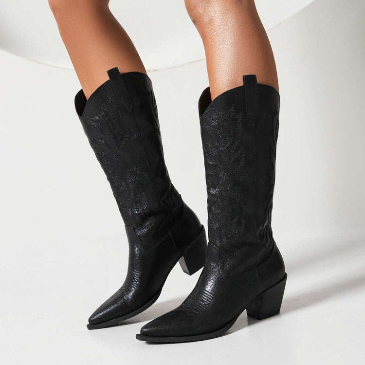 Women's Tall Western Boots – Embroidered Sequin Chunky Heel High Boot | Black, White & Pink