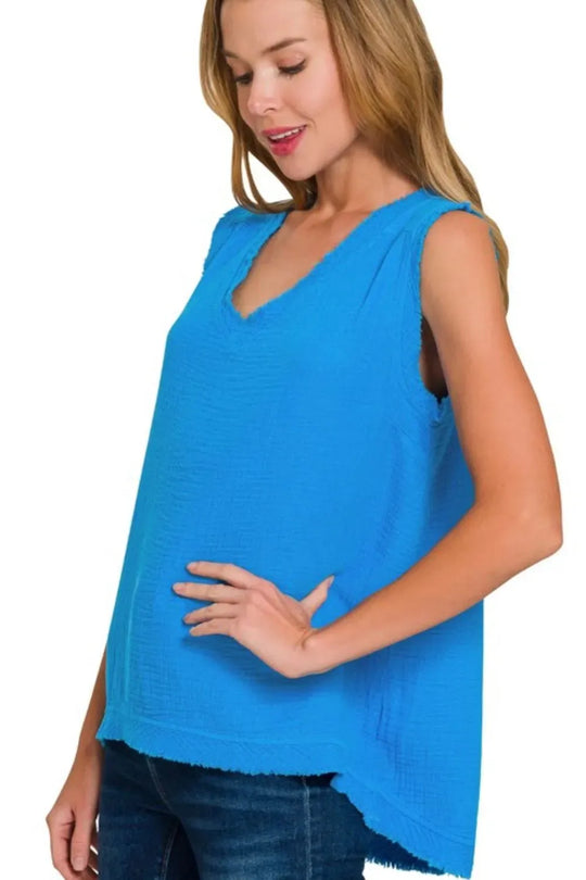 Another view: Double Gauze Raw Edge V-Neck Tank — DEEP SKY