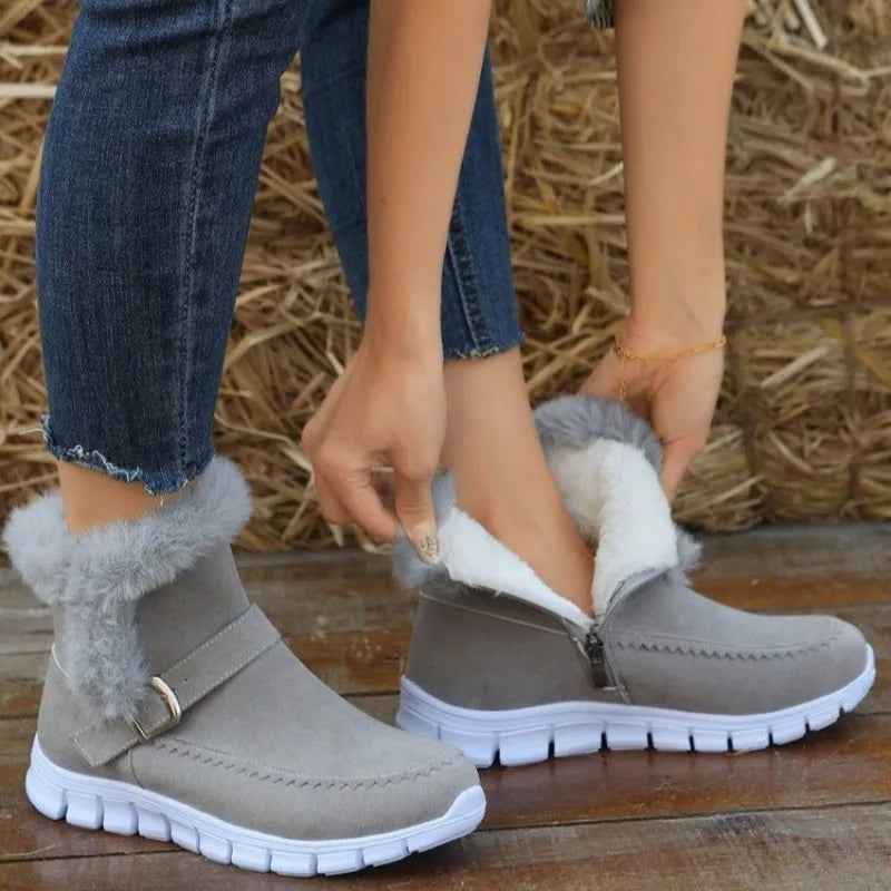 Women's Winter Snow Boots - Warm Plush Ankle Boots with Buckle Design