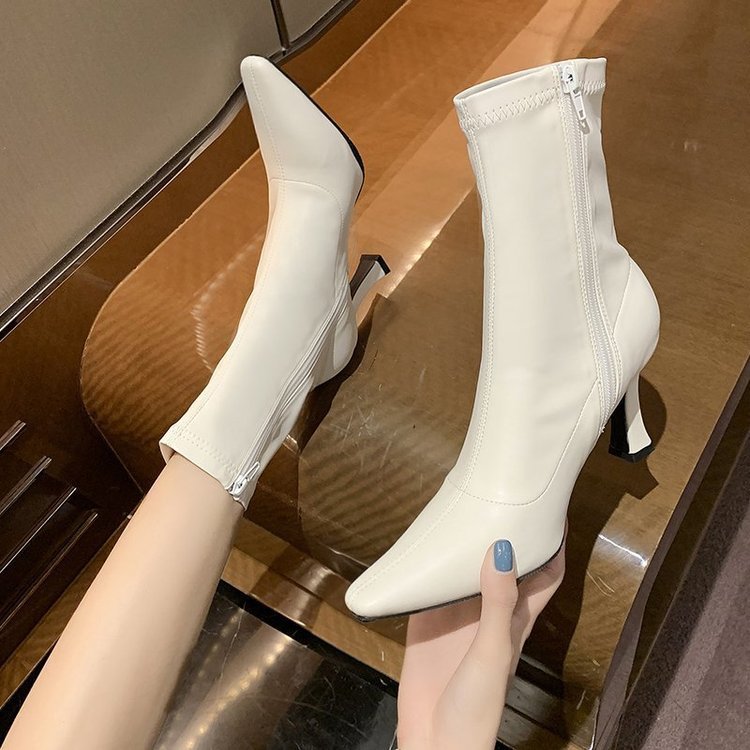 Women's Retro Mid-Calf Pointed Toe Stiletto Boots - Side Zip High Heel Boots