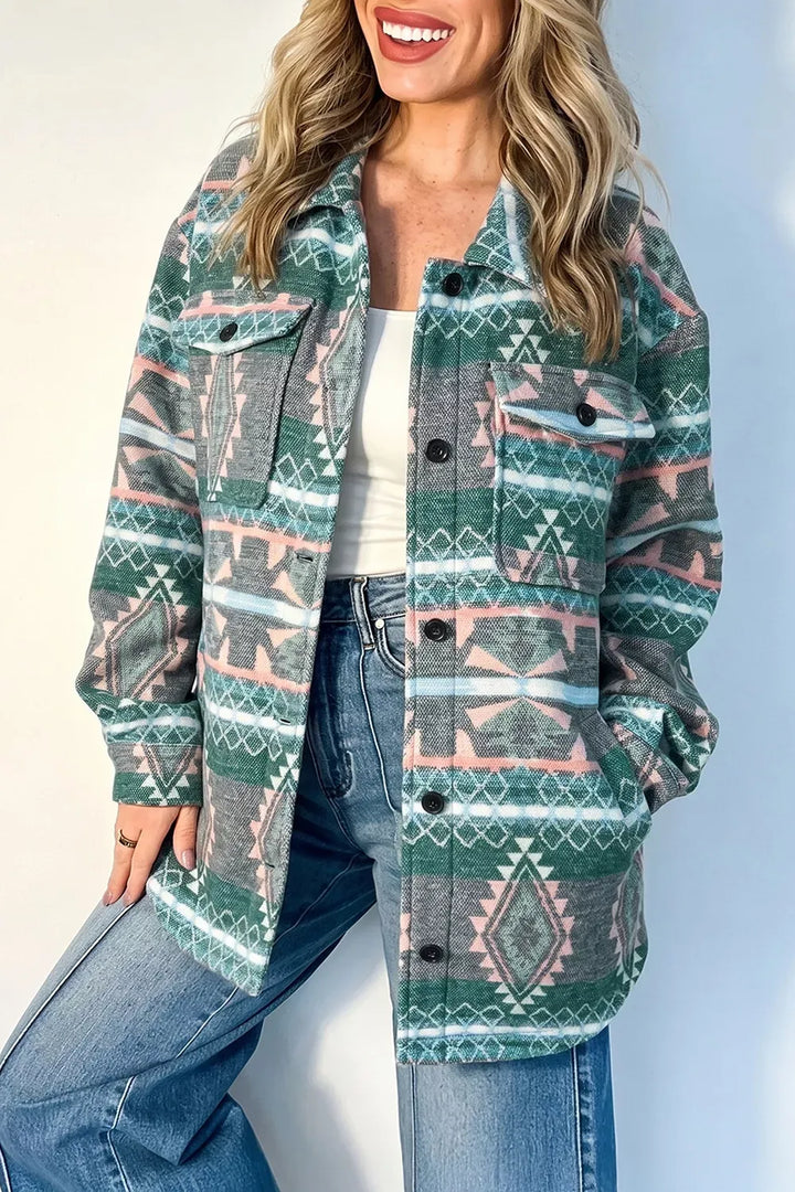 Geometric Print Button Front Long-Sleeve Shacket