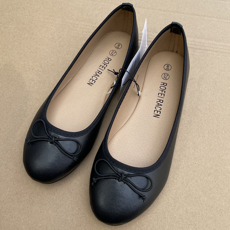 Women's Bow Flat Shoes – PU Leather Slip-On Round Toe Ballet Flats