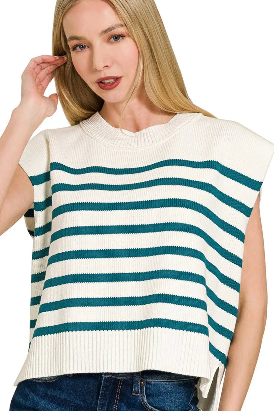Oversized Crew Neck Stripe Sweater Vest — Teal