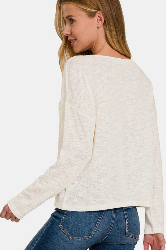 Another view: V-Neck Dropped Shoulder Long Sleeve T-Shirt
