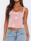 Pink sequin square-neck crop cami top