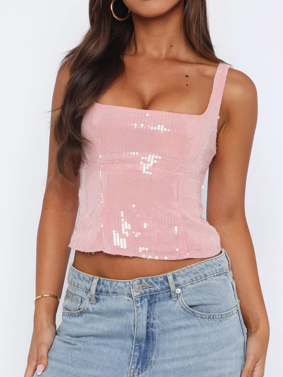Pink Sequin Square-Neck Crop Cami Top