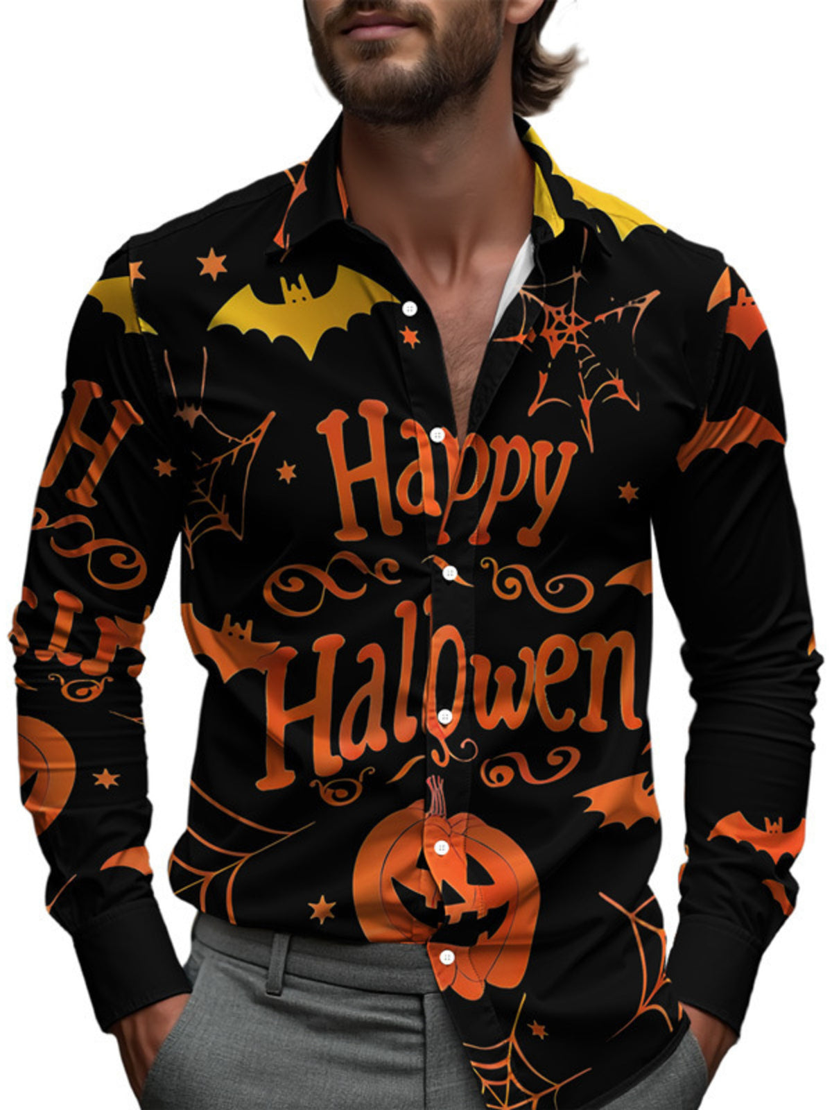 Men's Plus Size Halloween Print Button-Down Shirt