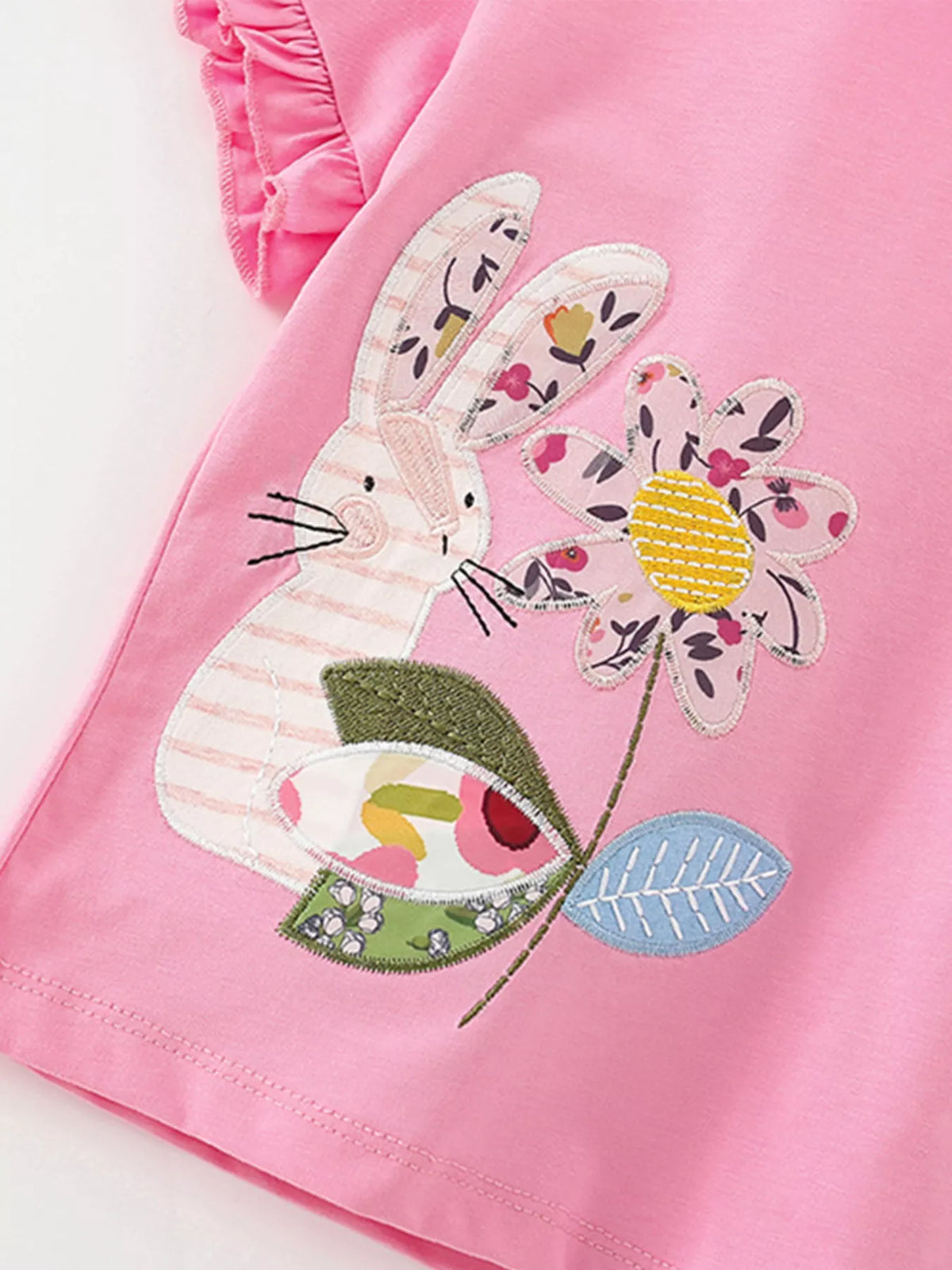Girls’ Bunny & Flower Appliqué Ruffle-Sleeve T-Shirt — Pink
