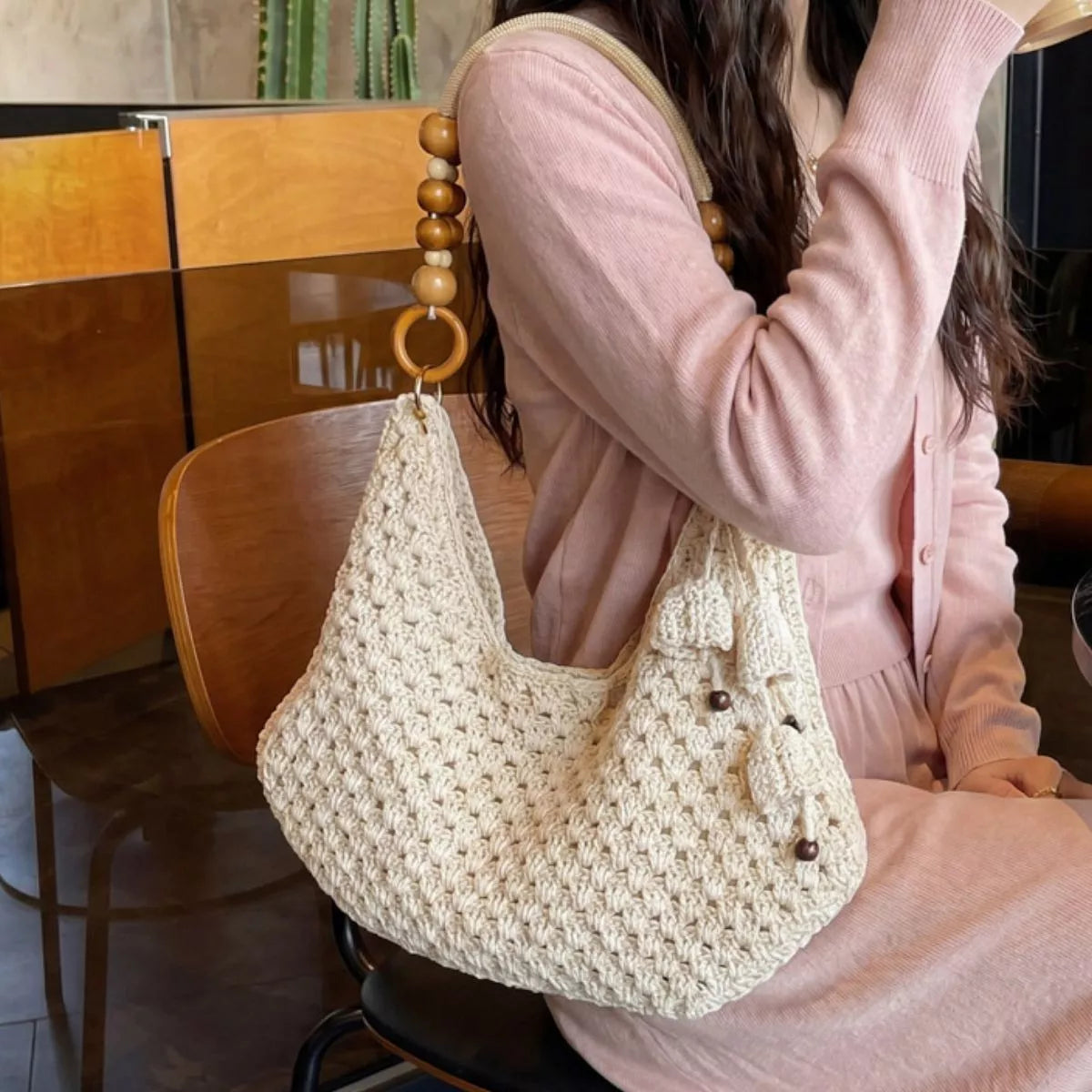 Off-White Crochet Beaded-Strap Shoulder Bag
