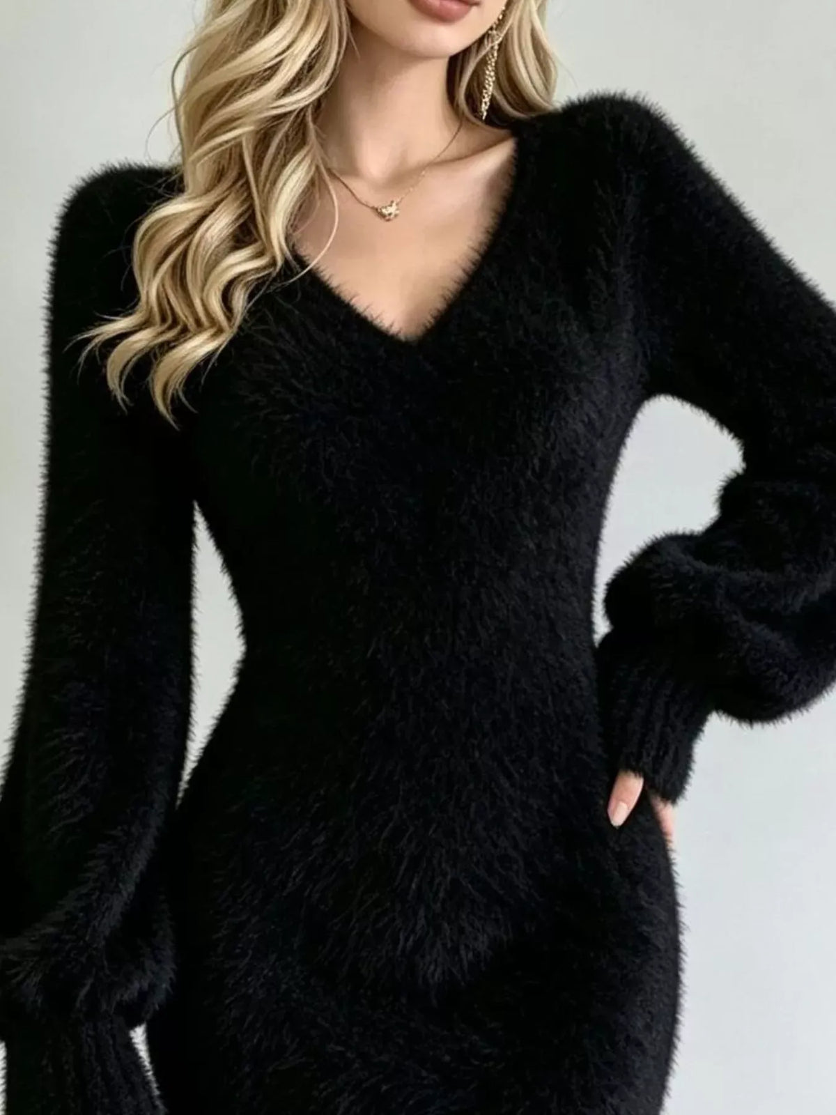 Fuzzy V-Neck Long-Sleeve Sweater Dress — photo 11